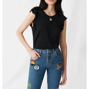 Maje Women's T-Shirt Size 3/L Ruffle Sleeve Black Preppy Boho Chic Casual Summer
